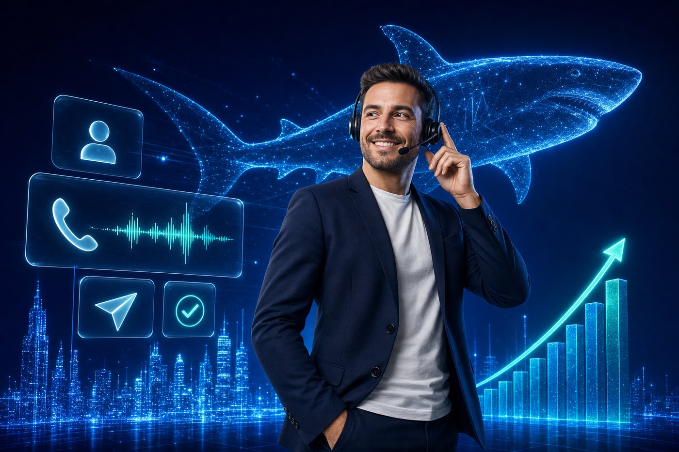 Headsetes telefonos értékesítő, mögötte világító neonkék cápa-hologram, üzleti grafikonokkal
